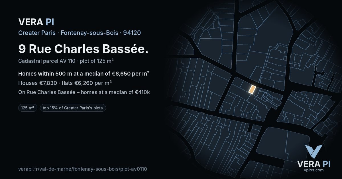 9 Rue Charles Bassée, Fontenay-sous-Bois at night – the plot lit, the parcels around coloured by the prices near them