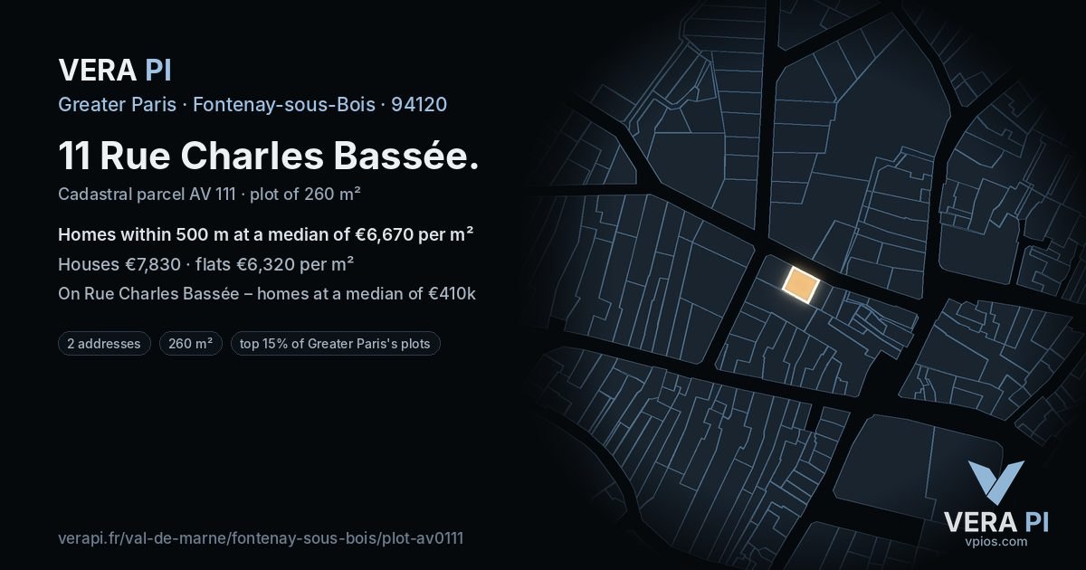 11 Rue Charles Bassée, Fontenay-sous-Bois at night – the plot lit, the parcels around coloured by the prices near them