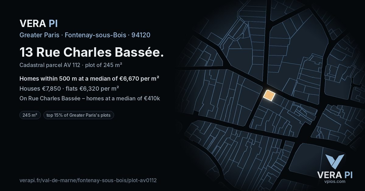 13 Rue Charles Bassée, Fontenay-sous-Bois at night – the plot lit, the parcels around coloured by the prices near them