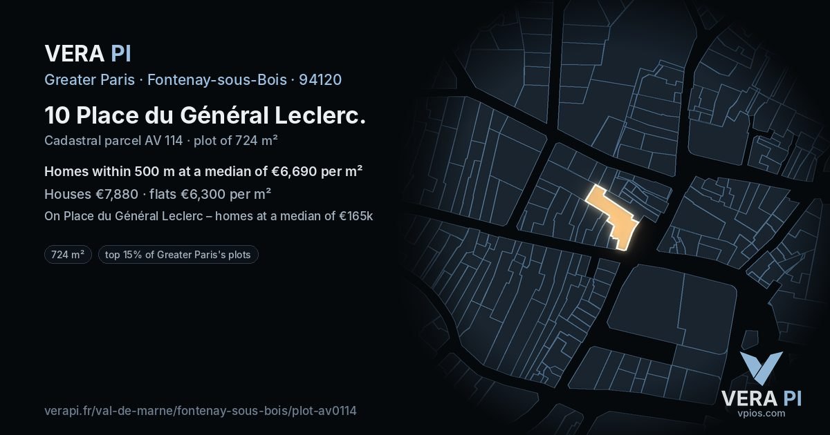 10 Place du Général Leclerc, Fontenay-sous-Bois at night – the plot lit, the parcels around coloured by the prices near them