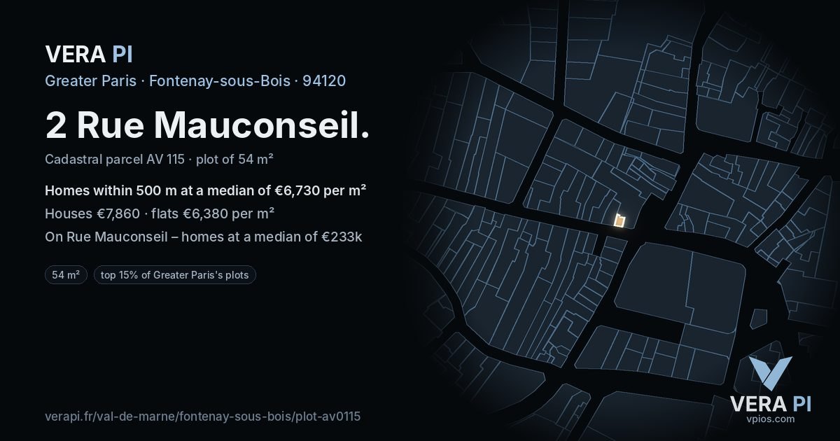 2 Rue Mauconseil, Fontenay-sous-Bois at night – the plot lit, the parcels around coloured by the prices near them