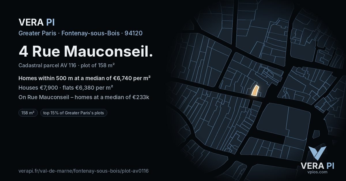4 Rue Mauconseil, Fontenay-sous-Bois at night – the plot lit, the parcels around coloured by the prices near them