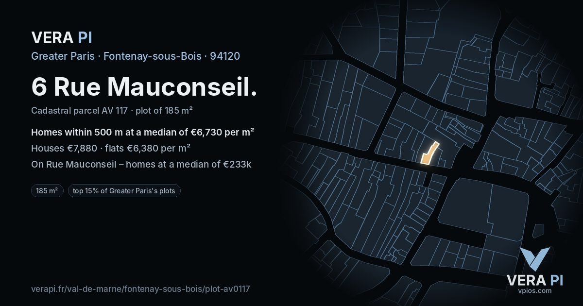 6 Rue Mauconseil, Fontenay-sous-Bois at night – the plot lit, the parcels around coloured by the prices near them