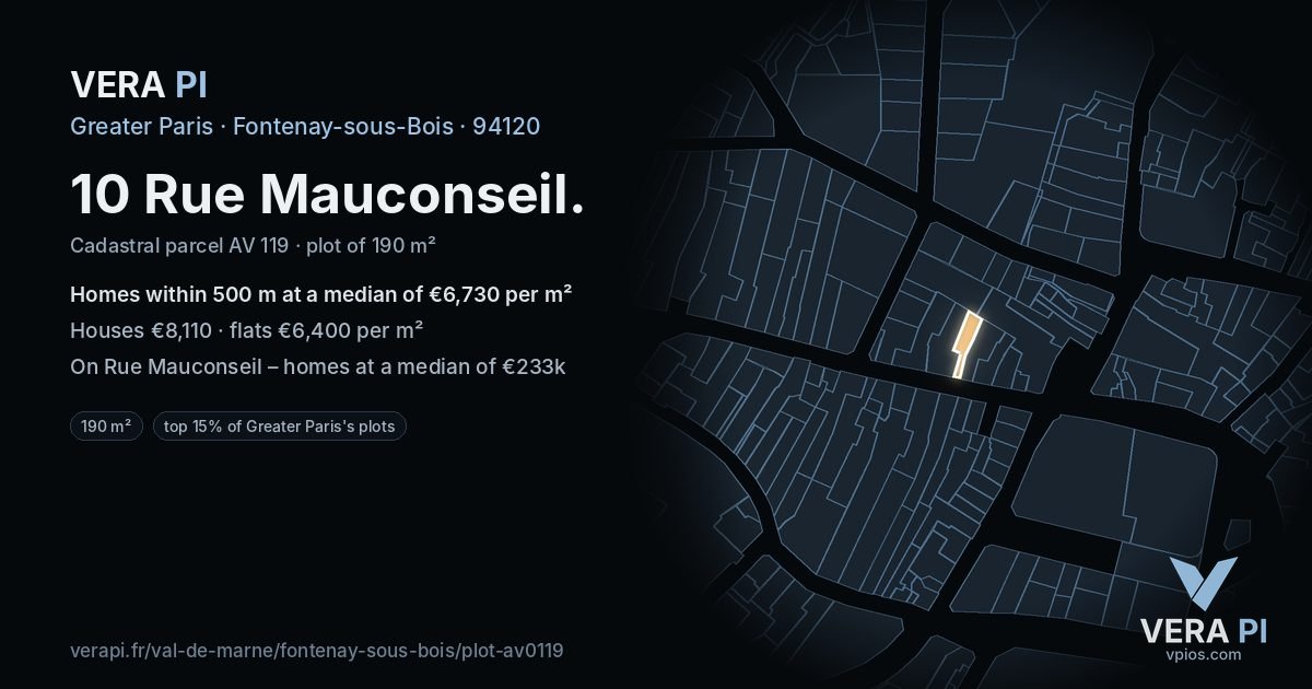 10 Rue Mauconseil, Fontenay-sous-Bois at night – the plot lit, the parcels around coloured by the prices near them