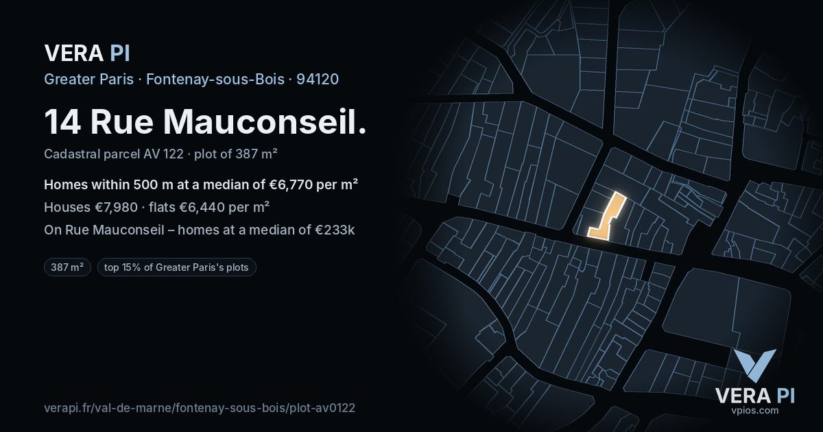14 Rue Mauconseil, Fontenay-sous-Bois at night – the plot lit, the parcels around coloured by the prices near them