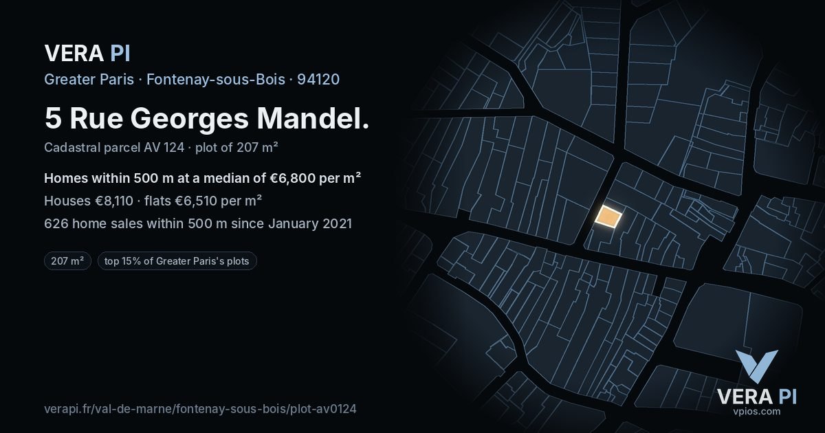 5 Rue Georges Mandel, Fontenay-sous-Bois at night – the plot lit, the parcels around coloured by the prices near them