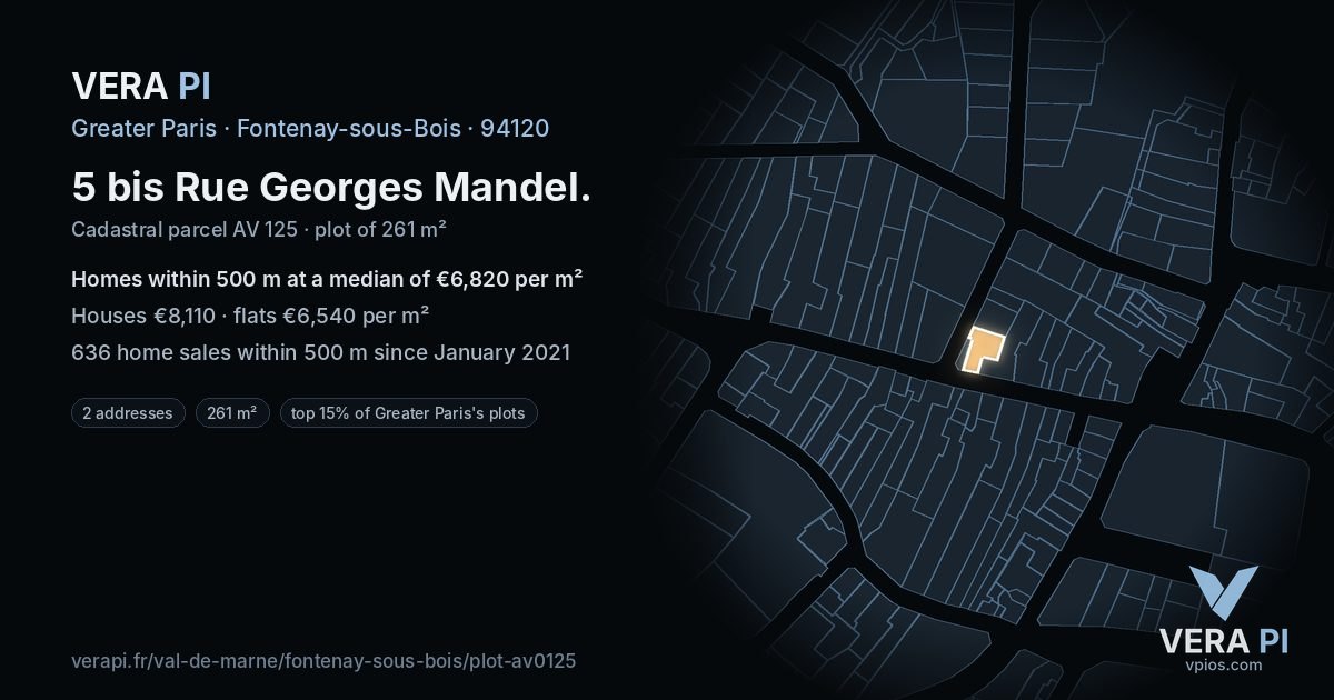 5 bis Rue Georges Mandel, Fontenay-sous-Bois at night – the plot lit, the parcels around coloured by the prices near them