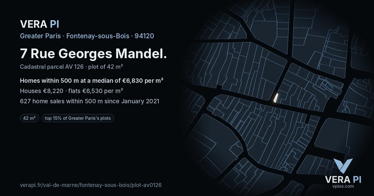 7 Rue Georges Mandel, Fontenay-sous-Bois at night – the plot lit, the parcels around coloured by the prices near them