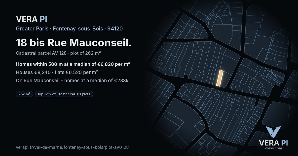 18 bis Rue Mauconseil, Fontenay-sous-Bois at night – the plot lit, the parcels around coloured by the prices near them