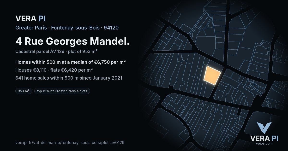 4 Rue Georges Mandel, Fontenay-sous-Bois at night – the plot lit, the parcels around coloured by the prices near them