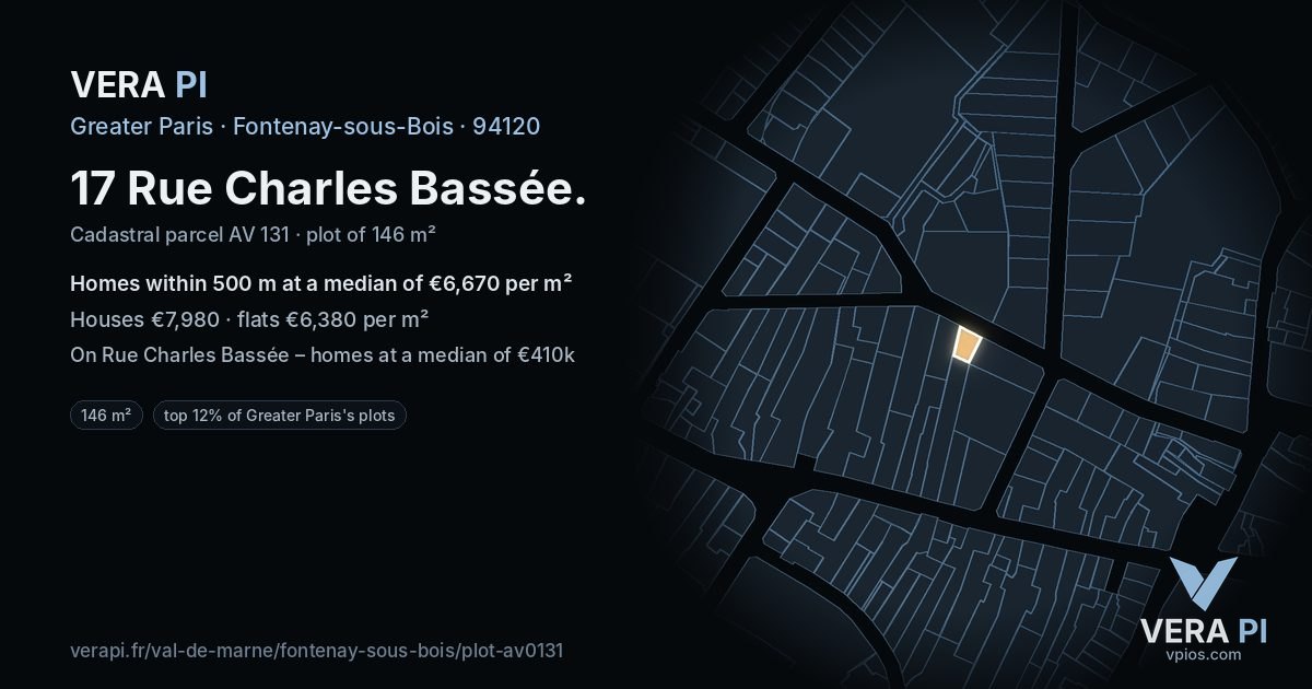 17 Rue Charles Bassée, Fontenay-sous-Bois at night – the plot lit, the parcels around coloured by the prices near them