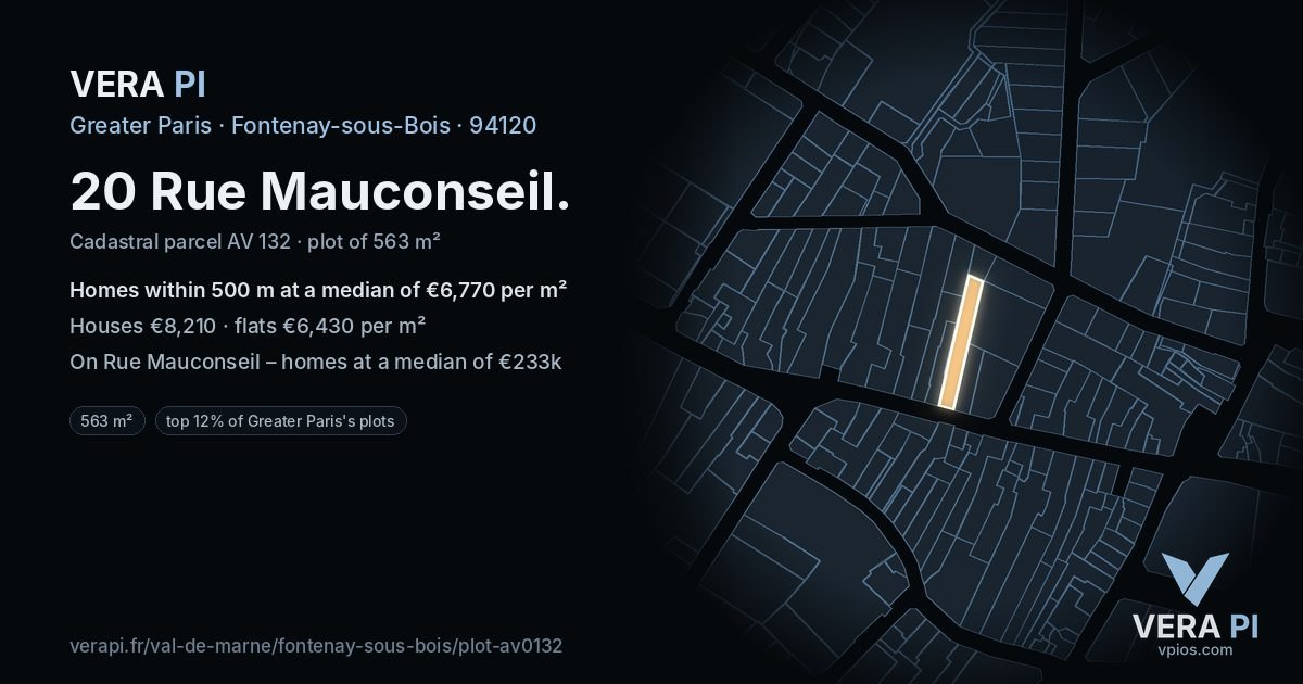 20 Rue Mauconseil, Fontenay-sous-Bois at night – the plot lit, the parcels around coloured by the prices near them