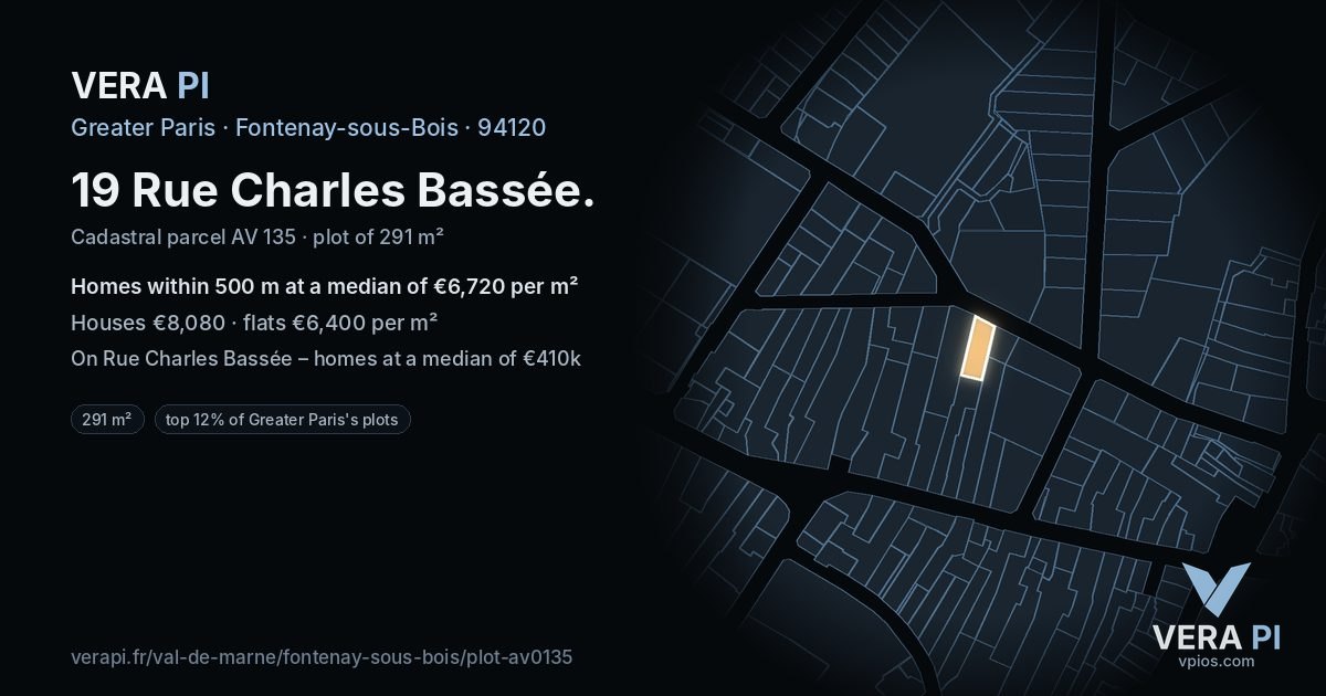 19 Rue Charles Bassée, Fontenay-sous-Bois at night – the plot lit, the parcels around coloured by the prices near them