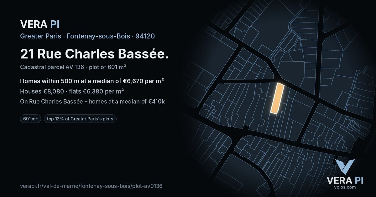 21 Rue Charles Bassée, Fontenay-sous-Bois at night – the plot lit, the parcels around coloured by the prices near them