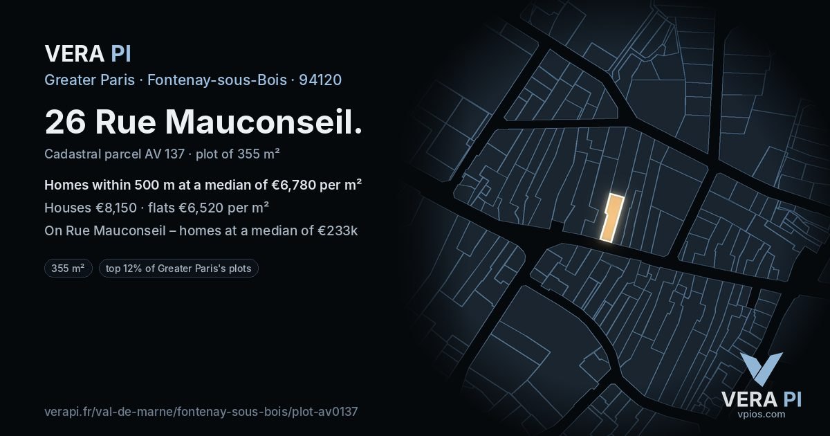 26 Rue Mauconseil, Fontenay-sous-Bois at night – the plot lit, the parcels around coloured by the prices near them