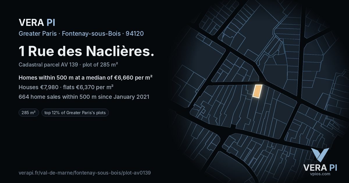 1 Rue des Naclières, Fontenay-sous-Bois at night – the plot lit, the parcels around coloured by the prices near them