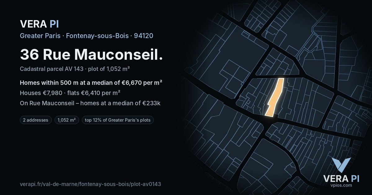 36 Rue Mauconseil, Fontenay-sous-Bois at night – the plot lit, the parcels around coloured by the prices near them