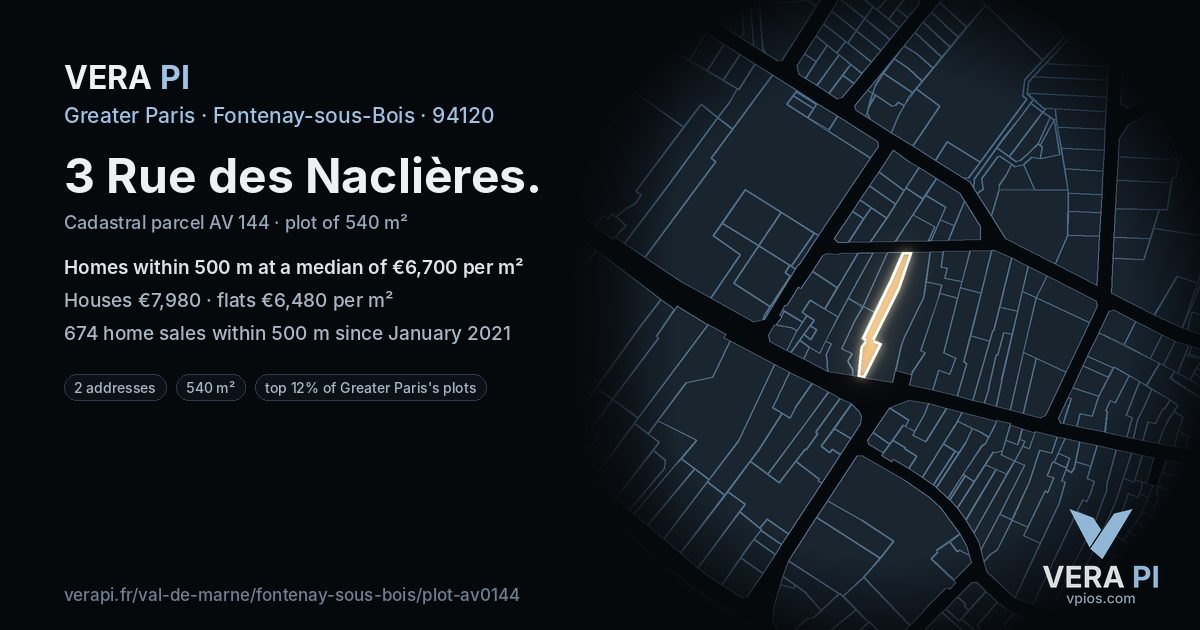 3 Rue des Naclières, Fontenay-sous-Bois at night – the plot lit, the parcels around coloured by the prices near them