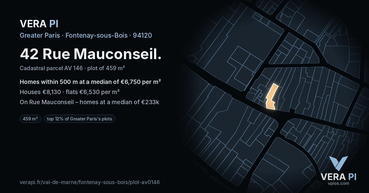 42 Rue Mauconseil, Fontenay-sous-Bois at night – the plot lit, the parcels around coloured by the prices near them