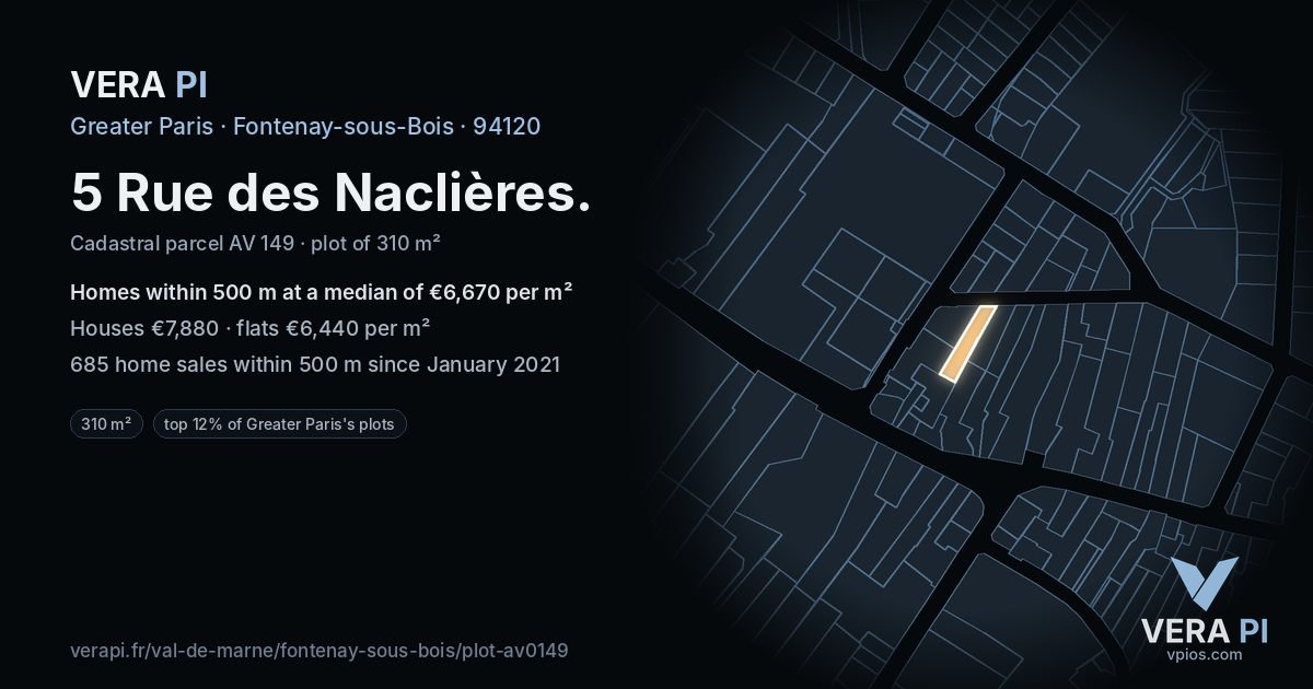 5 Rue des Naclières, Fontenay-sous-Bois at night – the plot lit, the parcels around coloured by the prices near them