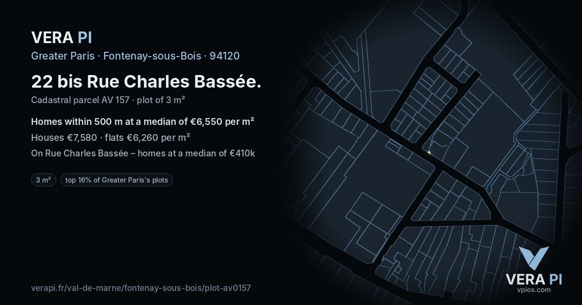22 bis Rue Charles Bassée, Fontenay-sous-Bois at night – the plot lit, the parcels around coloured by the prices near them