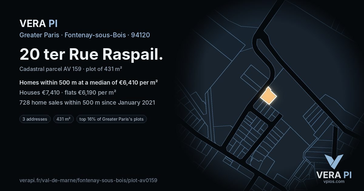 20 ter Rue Raspail, Fontenay-sous-Bois at night – the plot lit, the parcels around coloured by the prices near them