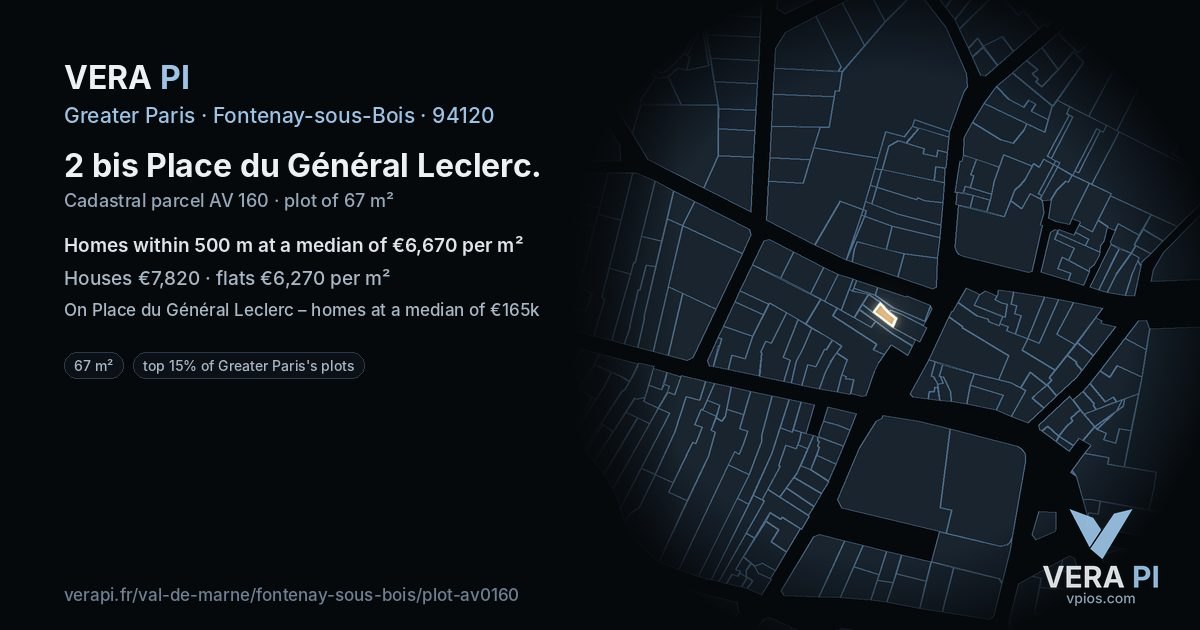 2 bis Place du Général Leclerc, Fontenay-sous-Bois at night – the plot lit, the parcels around coloured by the prices near them