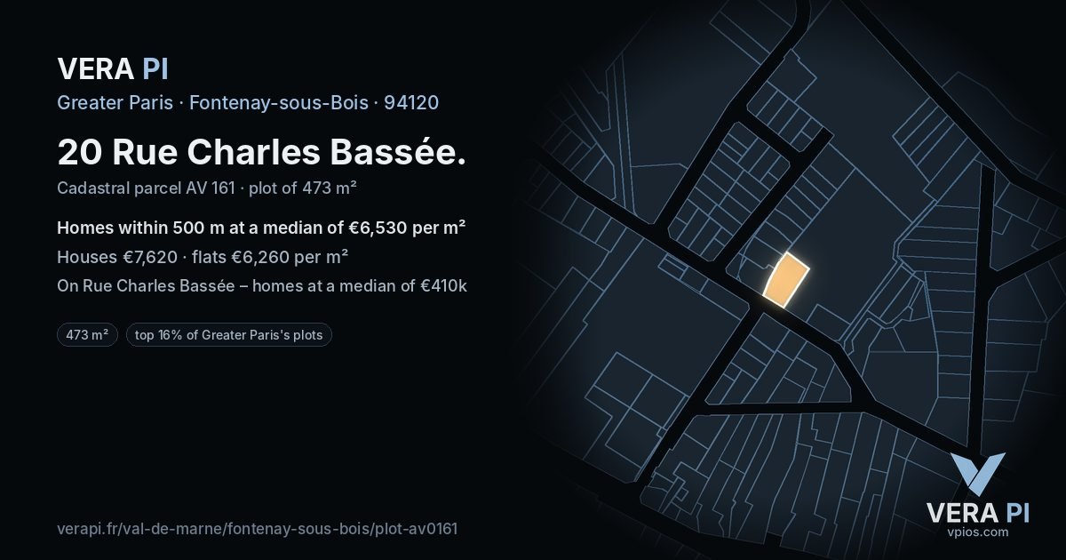 20 Rue Charles Bassée, Fontenay-sous-Bois at night – the plot lit, the parcels around coloured by the prices near them