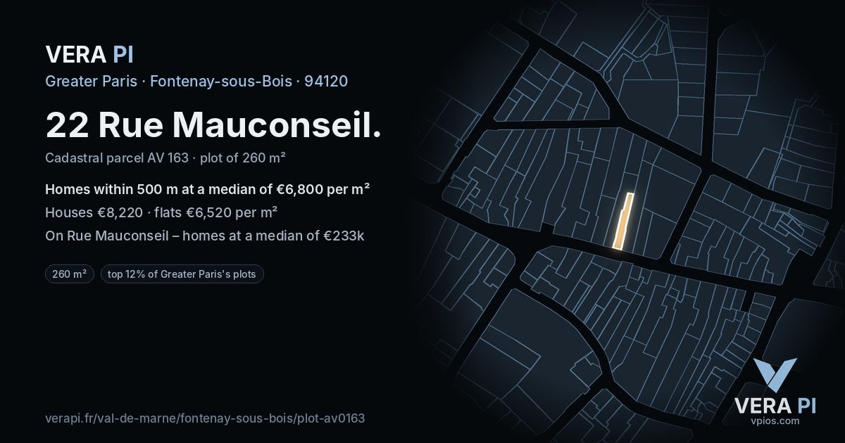 22 Rue Mauconseil, Fontenay-sous-Bois at night – the plot lit, the parcels around coloured by the prices near them