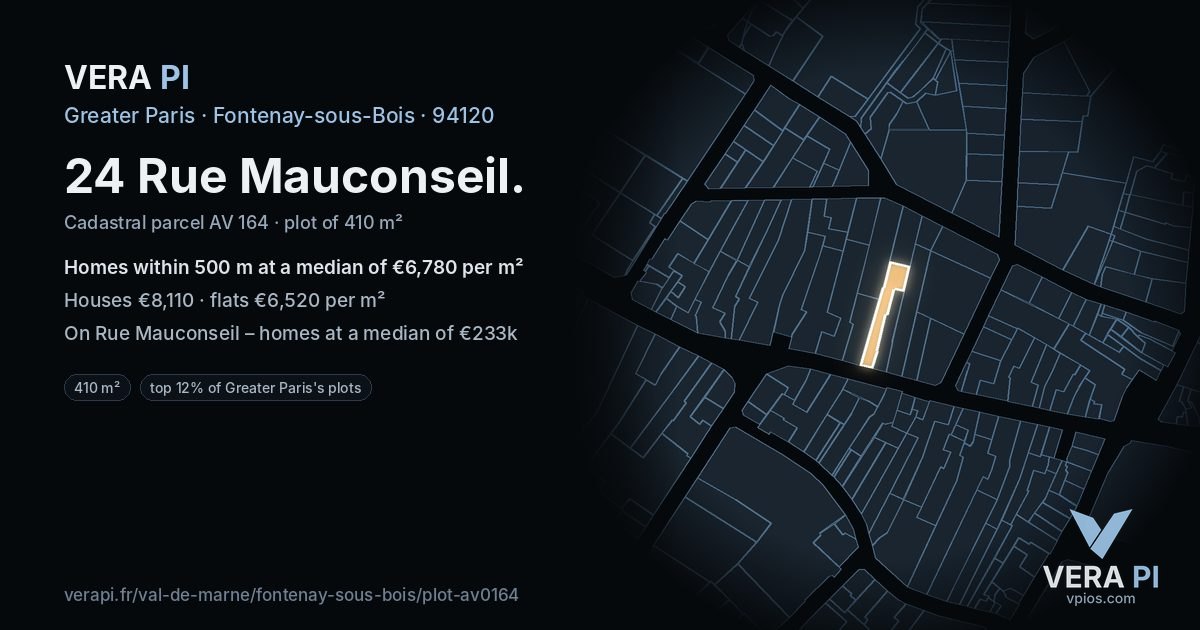 24 Rue Mauconseil, Fontenay-sous-Bois at night – the plot lit, the parcels around coloured by the prices near them