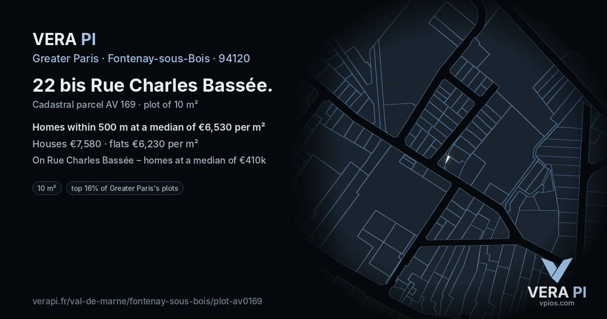 22 bis Rue Charles Bassée, Fontenay-sous-Bois at night – the plot lit, the parcels around coloured by the prices near them