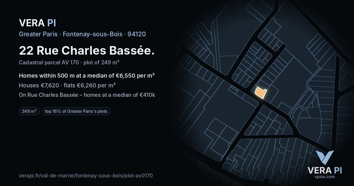 22 Rue Charles Bassée, Fontenay-sous-Bois at night – the plot lit, the parcels around coloured by the prices near them