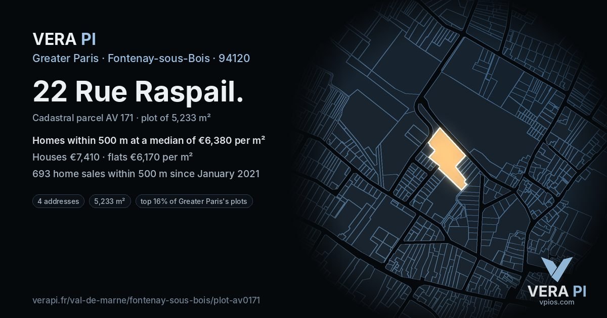 22 Rue Raspail, Fontenay-sous-Bois at night – the plot lit, the parcels around coloured by the prices near them