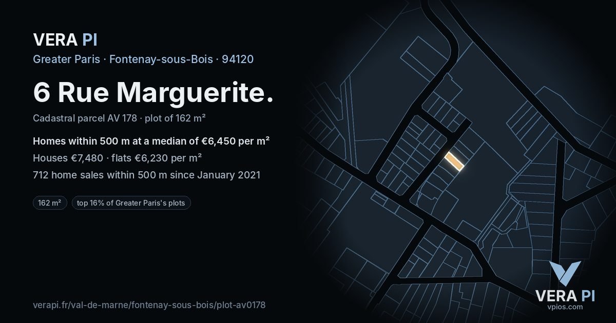6 Rue Marguerite, Fontenay-sous-Bois at night – the plot lit, the parcels around coloured by the prices near them