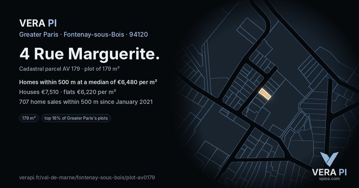 4 Rue Marguerite, Fontenay-sous-Bois at night – the plot lit, the parcels around coloured by the prices near them