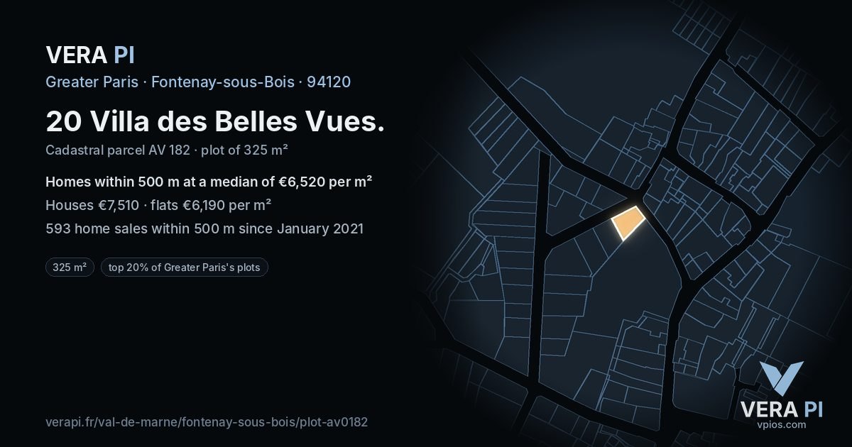 20 Villa des Belles Vues, Fontenay-sous-Bois at night – the plot lit, the parcels around coloured by the prices near them