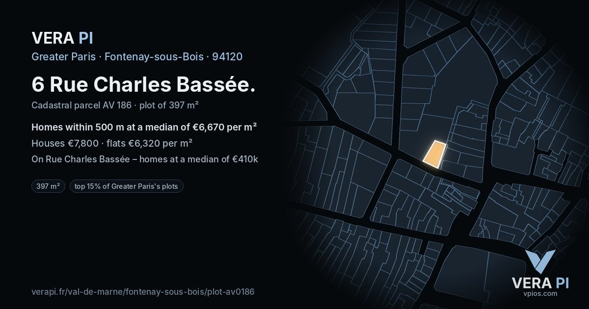 6 Rue Charles Bassée, Fontenay-sous-Bois at night – the plot lit, the parcels around coloured by the prices near them