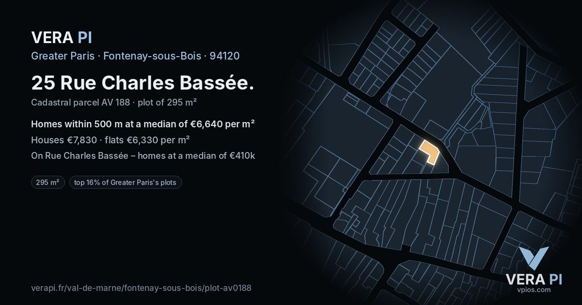 25 Rue Charles Bassée, Fontenay-sous-Bois at night – the plot lit, the parcels around coloured by the prices near them