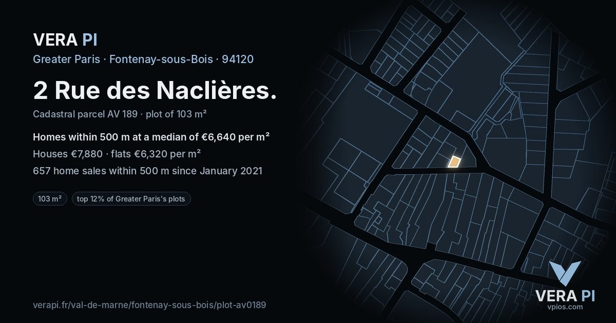 2 Rue des Naclières, Fontenay-sous-Bois at night – the plot lit, the parcels around coloured by the prices near them