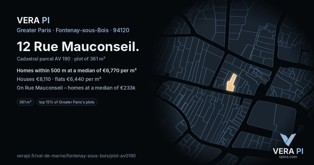 12 Rue Mauconseil, Fontenay-sous-Bois at night – the plot lit, the parcels around coloured by the prices near them