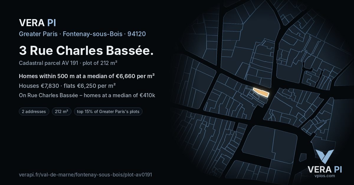 3 Rue Charles Bassée, Fontenay-sous-Bois at night – the plot lit, the parcels around coloured by the prices near them