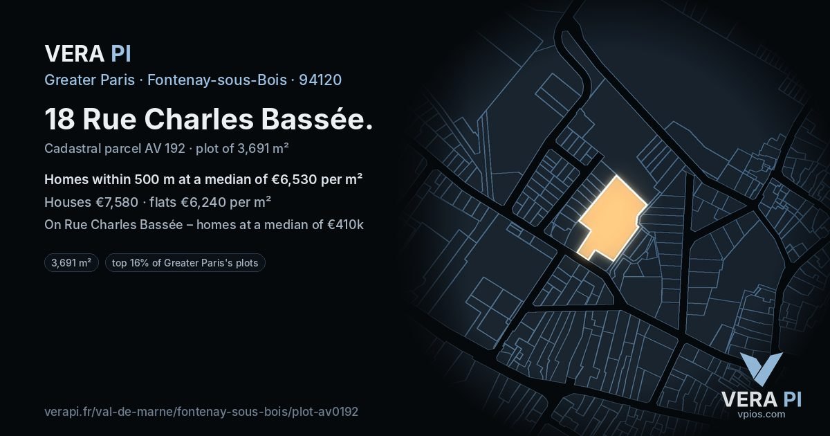 18 Rue Charles Bassée, Fontenay-sous-Bois at night – the plot lit, the parcels around coloured by the prices near them