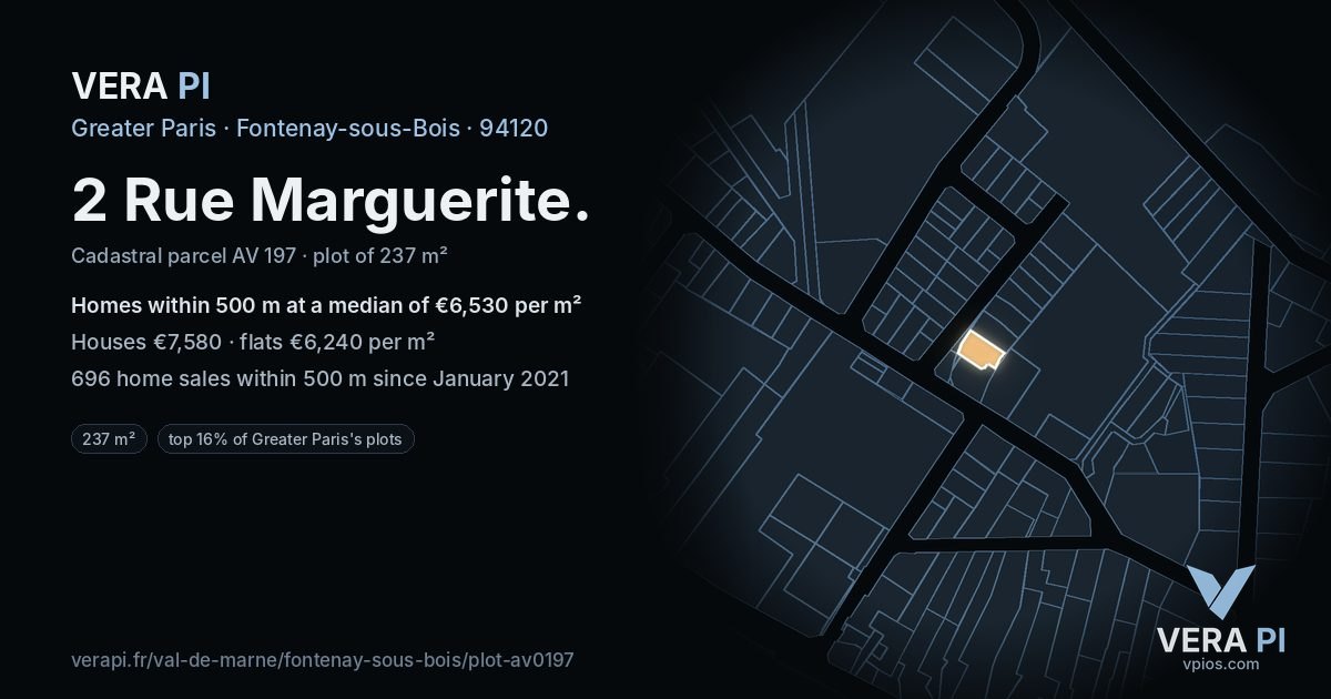 2 Rue Marguerite, Fontenay-sous-Bois at night – the plot lit, the parcels around coloured by the prices near them