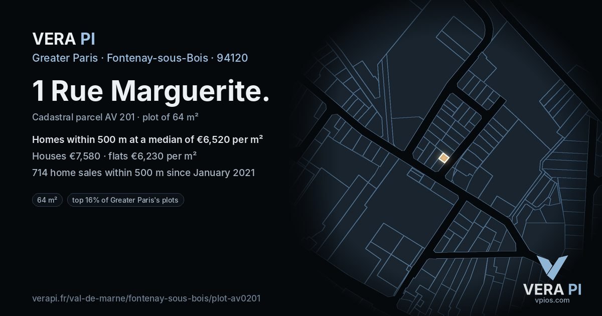 1 Rue Marguerite, Fontenay-sous-Bois at night – the plot lit, the parcels around coloured by the prices near them