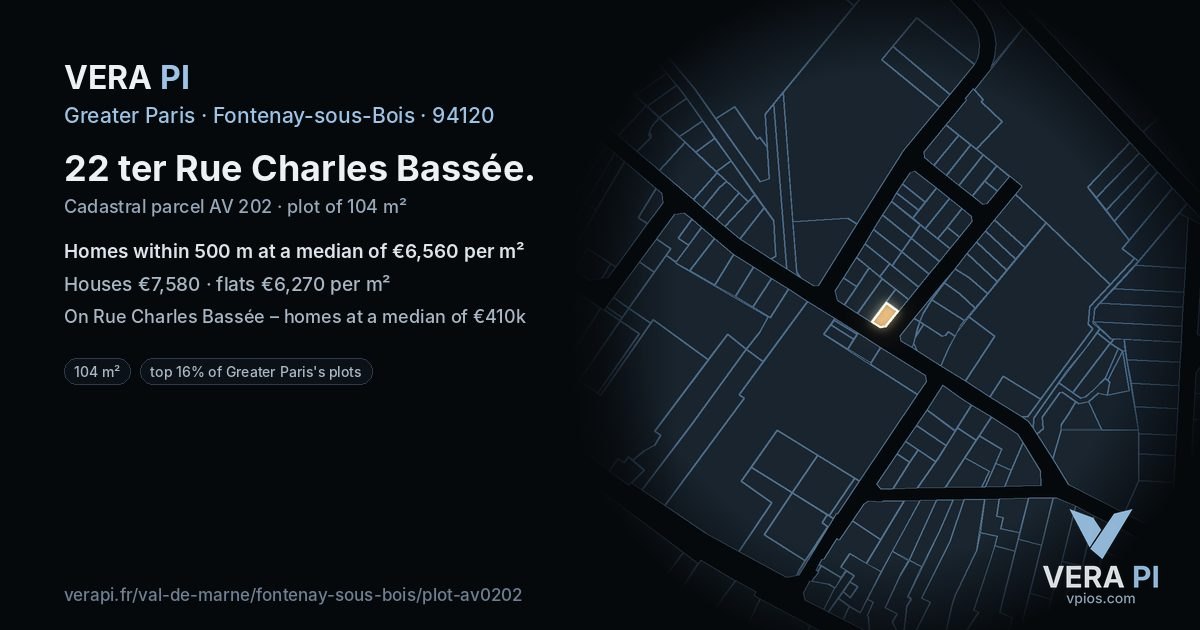 22 ter Rue Charles Bassée, Fontenay-sous-Bois at night – the plot lit, the parcels around coloured by the prices near them