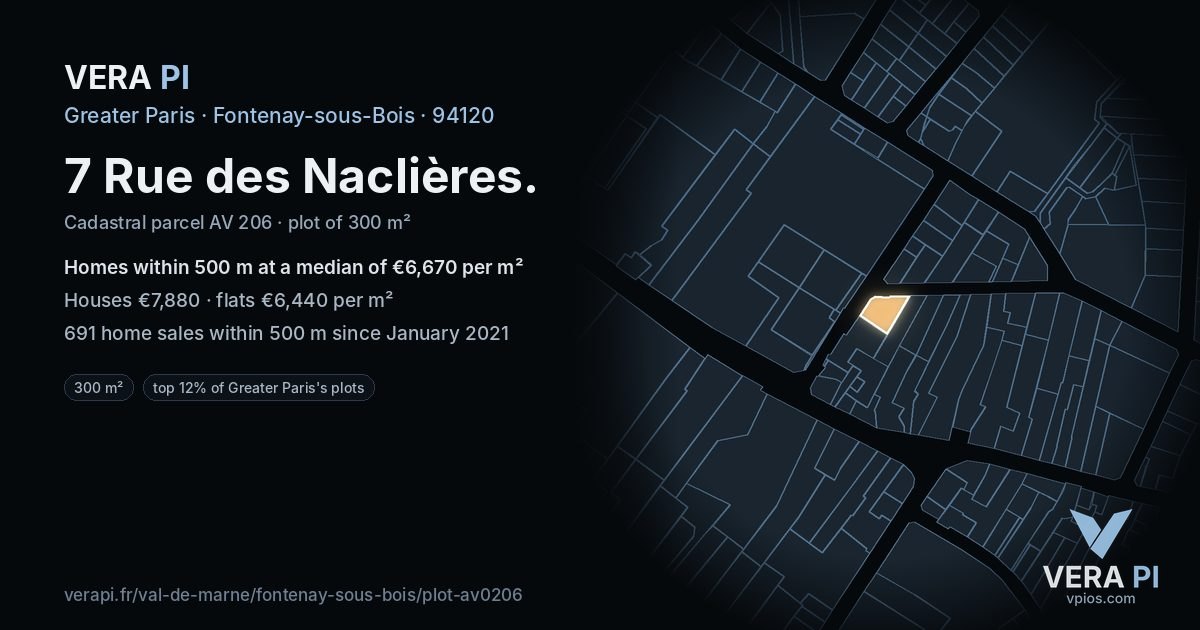 7 Rue des Naclières, Fontenay-sous-Bois at night – the plot lit, the parcels around coloured by the prices near them