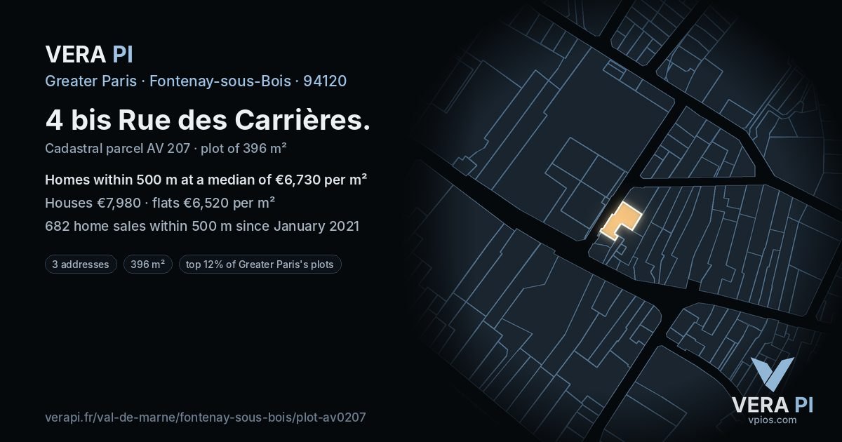 4 bis Rue des Carrières, Fontenay-sous-Bois at night – the plot lit, the parcels around coloured by the prices near them