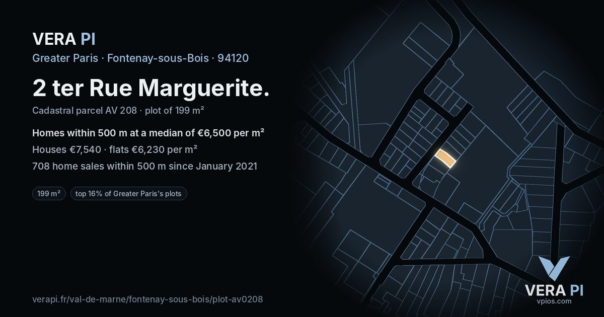 2 ter Rue Marguerite, Fontenay-sous-Bois at night – the plot lit, the parcels around coloured by the prices near them