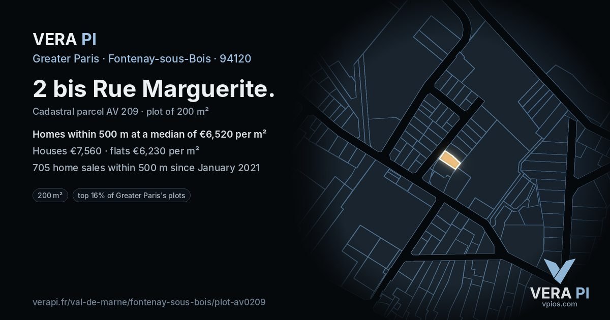 2 bis Rue Marguerite, Fontenay-sous-Bois at night – the plot lit, the parcels around coloured by the prices near them