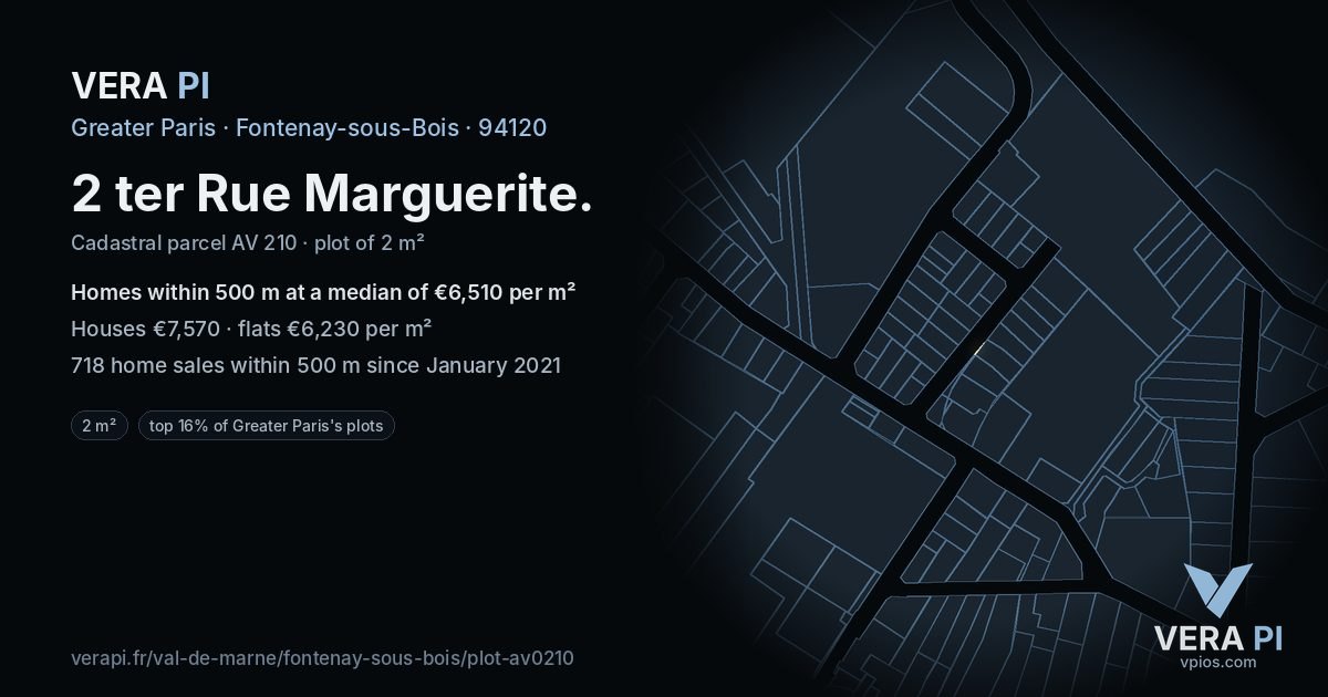 2 ter Rue Marguerite, Fontenay-sous-Bois at night – the plot lit, the parcels around coloured by the prices near them